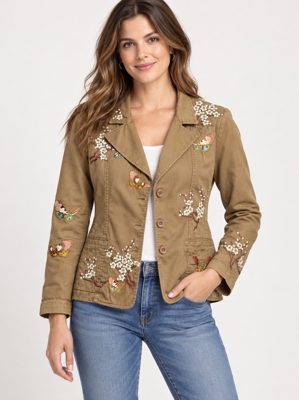 Johnny Was Khaki Embroidered Floral & Bird Blazer